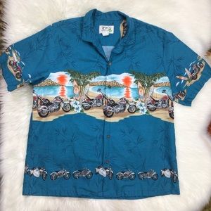 Ky’s Hawaiian Aloha Shirt 2XL Motorcycles Surfboards Sunset Made in Hawaii USA